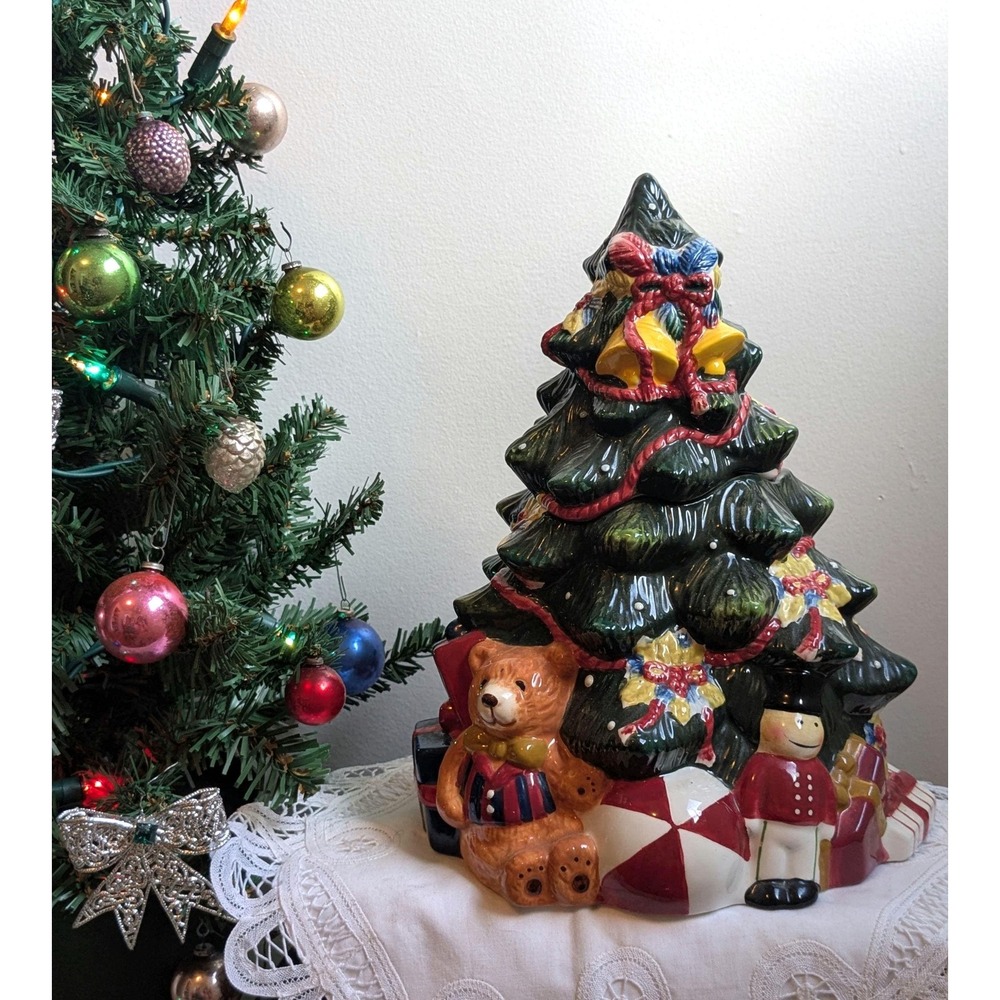 Vintage‎ Christmas Tree Cookie Jar Ceramic Holiday Decor Teddy Bear Toy Soldier
